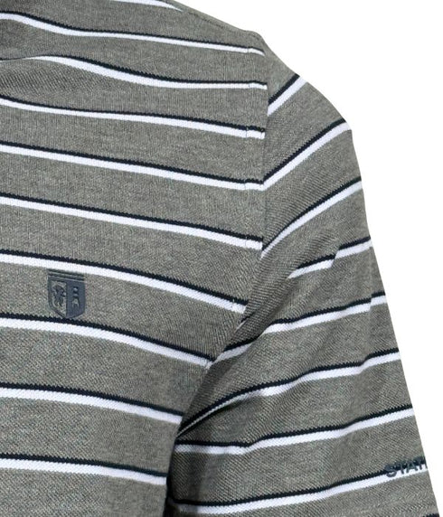 Polo piqué gris à rayure blanc / bleu